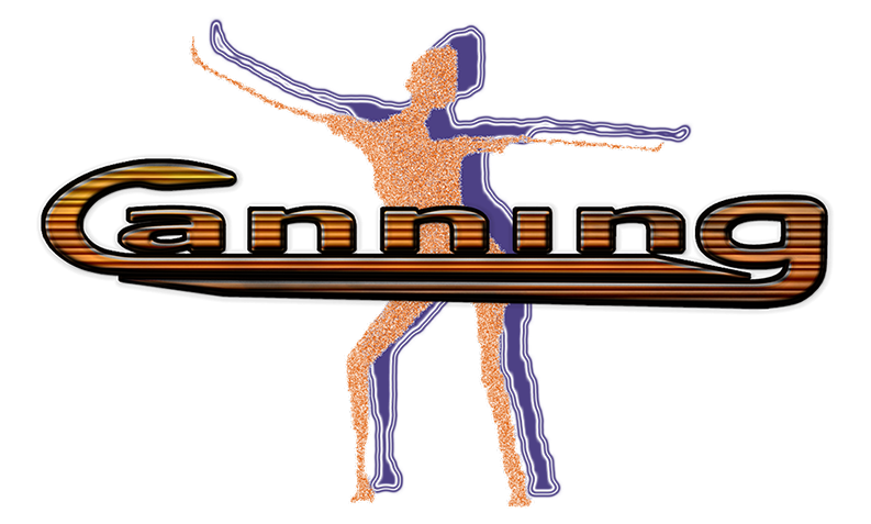 CANNING branding logo at CanningMusic that is orange with dark horizontal lines running through curved snake like typeface with Babydoll image