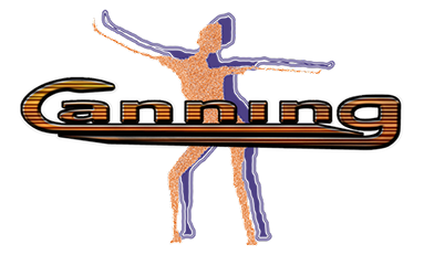 CANNING branding logo at CanningMusic that is orange with dark horizontal lines running through curved snake like typeface with Babydoll image