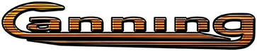 CANNING branding logo at CanningMusic that is orange with dark horizontal lines running through curved snake like typeface