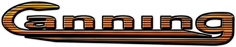 CANNING branding logo at CanningMusic that is orange with dark horizontal lines running through curved snake like typeface